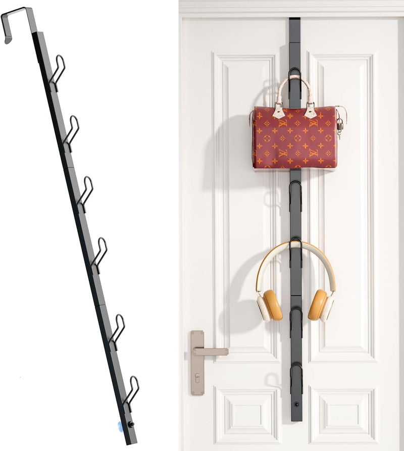 TOMIR Over The Door Hooks Long with 6 Hooks, Behind The Door Towel Racks for Bathroom, Door Purse Bag Coat Robe Hanger, Hat Clothes Hanging Organizer with Non-Slip Pads & Suction Cups, 28.3 Inches, Black - Image 1